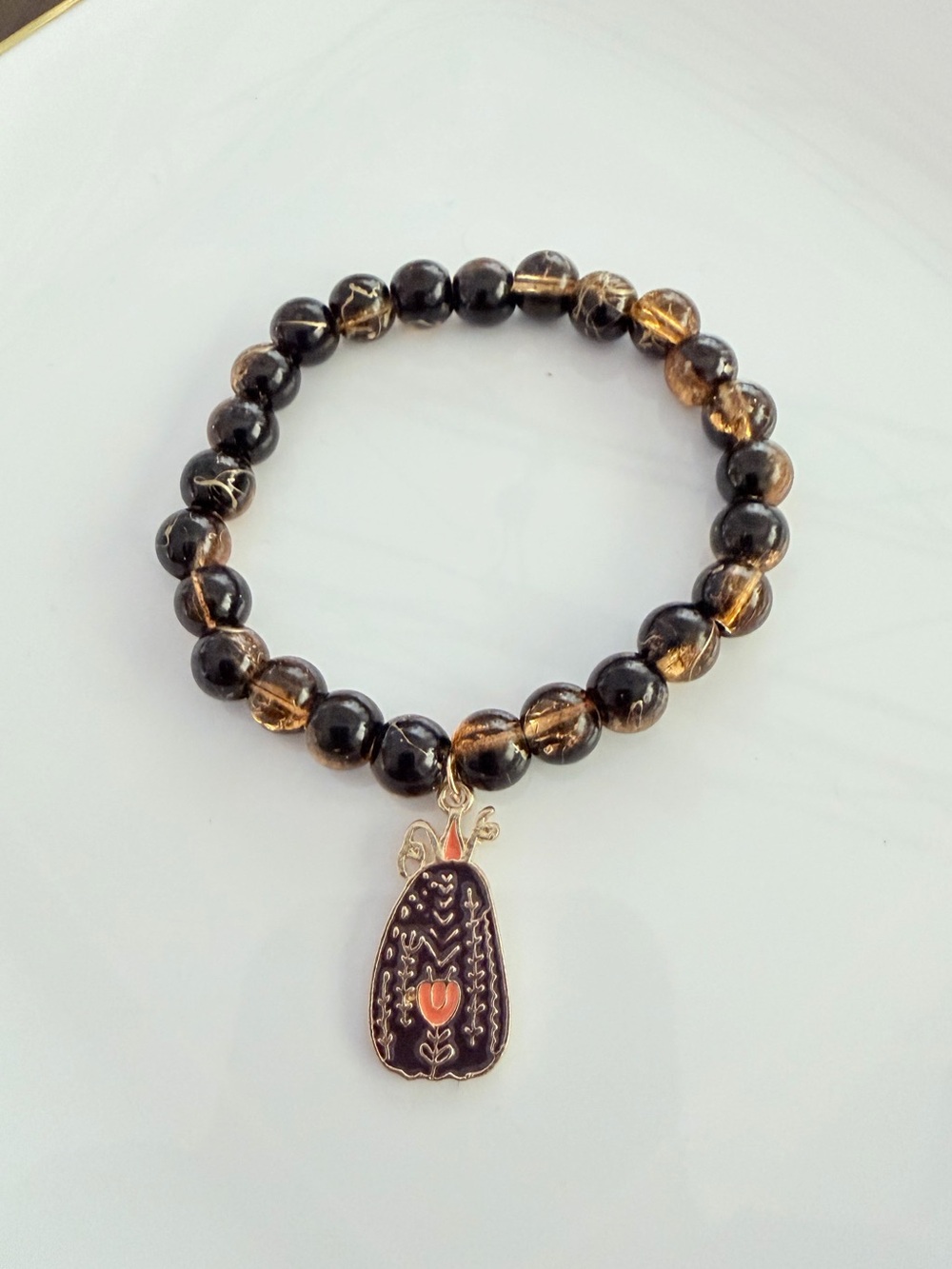 Fall Black and Gold Beaded Bracelet with Decorative Pumpkin Charm